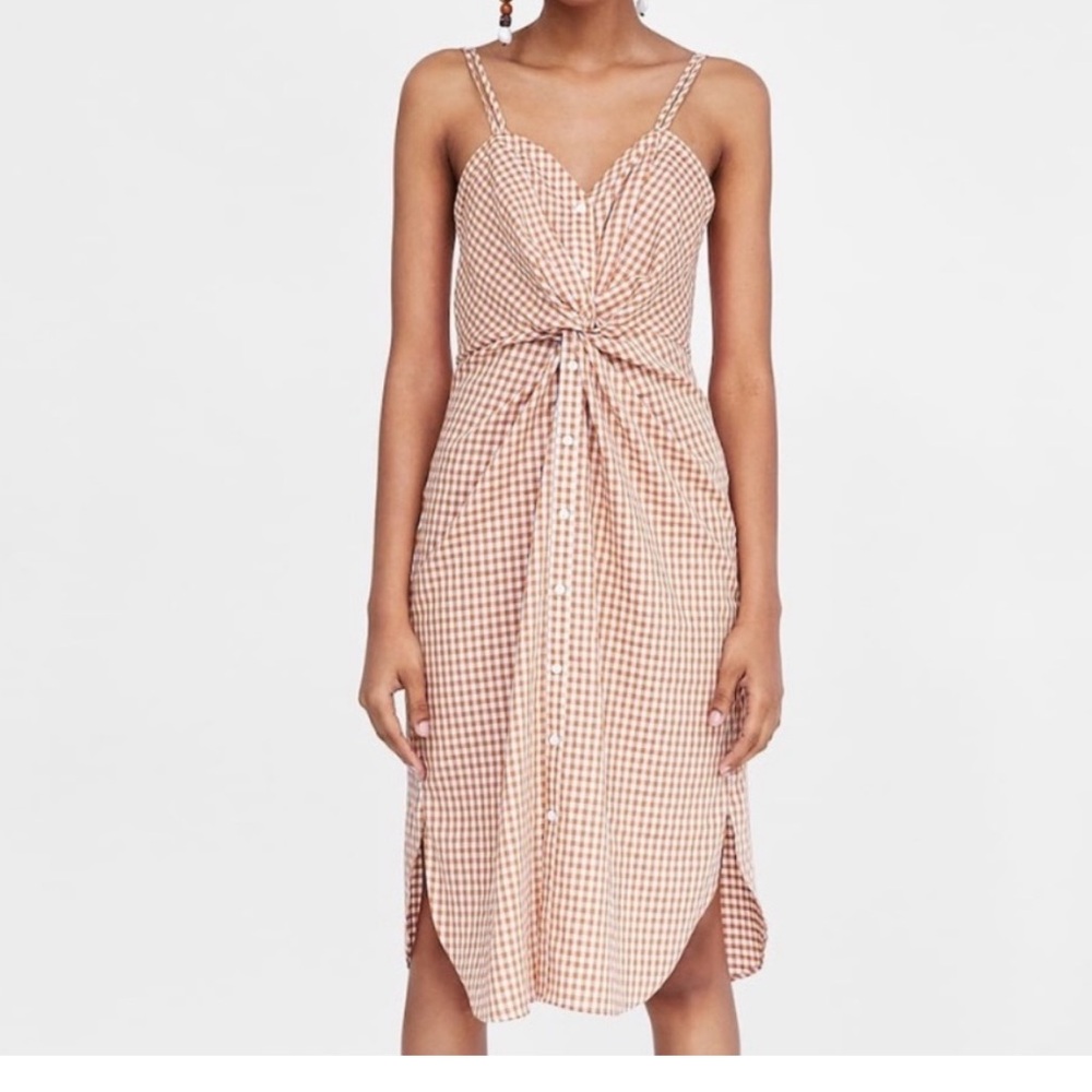 Zara Woman Gingham Twist Front Strappy Button Front Dress Size Medium